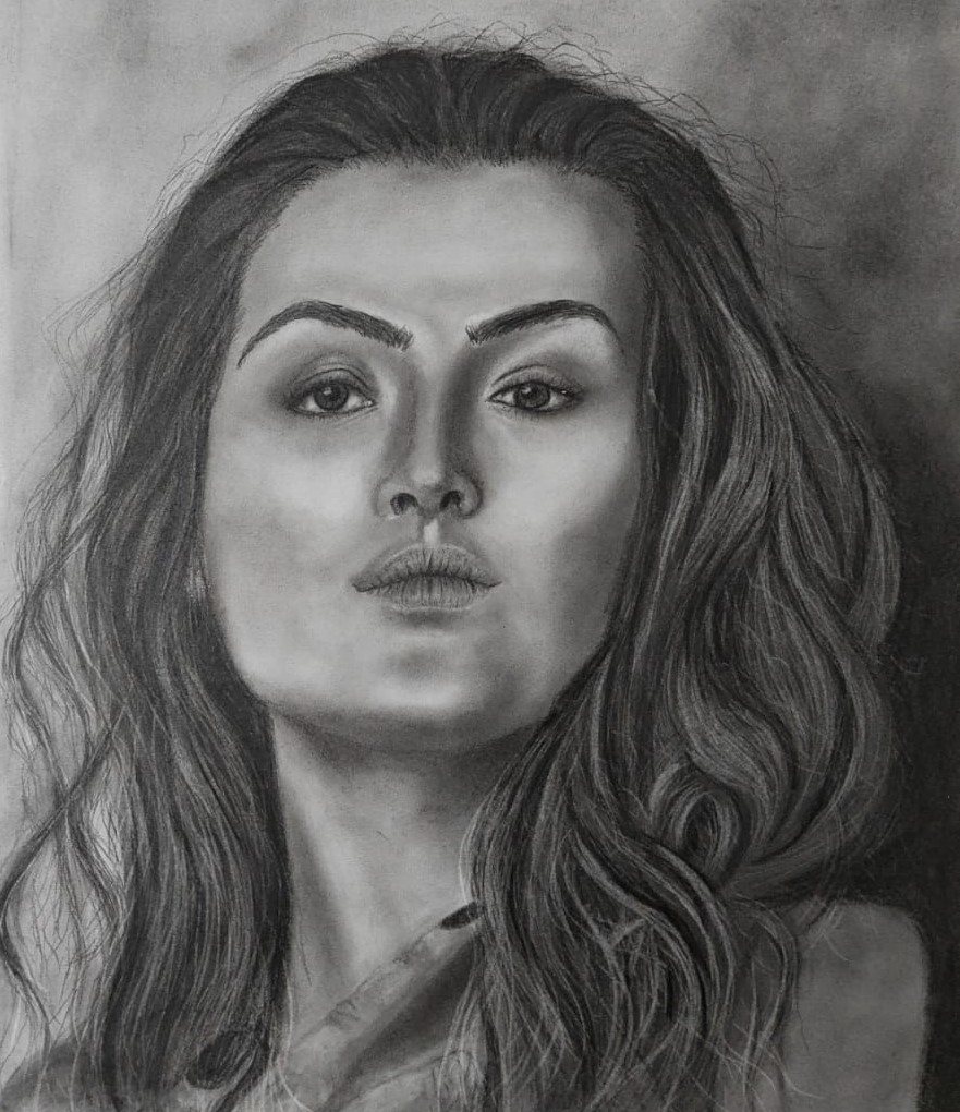 Realistic charcoal portrait of young woman with flowing hair and intense gaze, detailed fine art drawing showcasing professional technique
