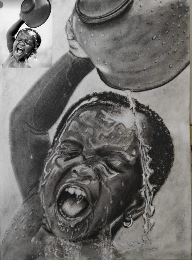Detailed charcoal drawing of young boy enjoying bath time with water splashing, realistic portrait showcasing water effects and joyful expression