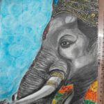 Detailed pencil and pastel drawing of Lord Ganesha with ornate golden crown against blue background
