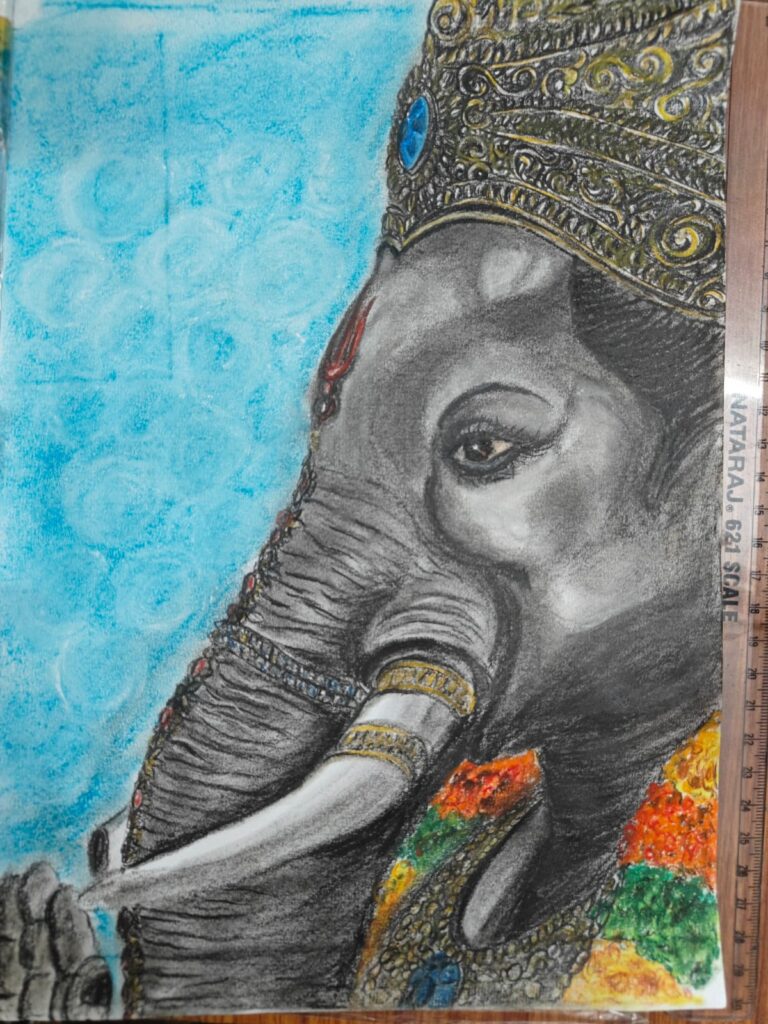Detailed pencil and pastel drawing of Lord Ganesha with ornate golden crown against blue background