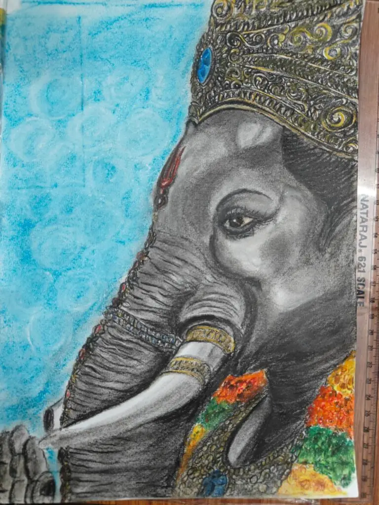 Detailed pencil and pastel drawing of Lord Ganesha with ornate golden crown against blue background