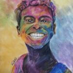 Vibrant colored pencil and pastel portrait of a joyful boy covered in Holi colors with rainbow powder across his face, showing a bright smile during festival celebration