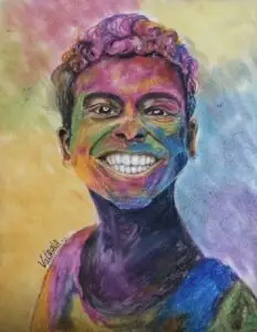 Vibrant colored pencil and pastel portrait of a joyful boy covered in Holi colors with rainbow powder across his face, showing a bright smile during festival celebration