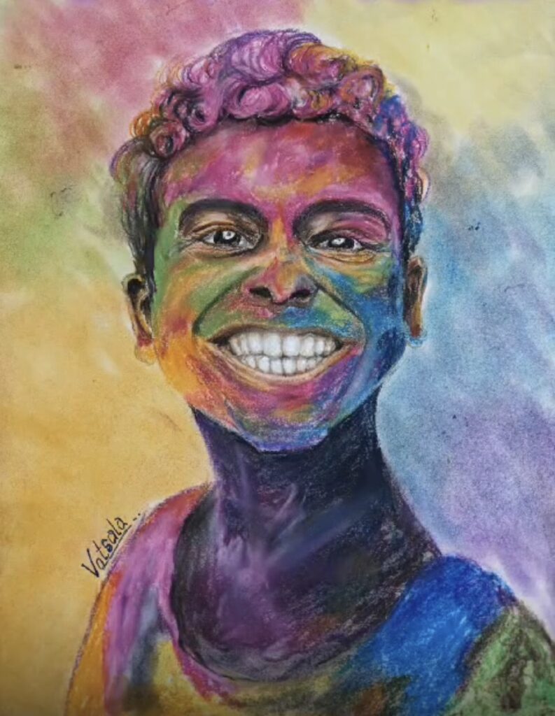 Vibrant colored pencil and pastel portrait of a joyful boy covered in Holi colors with rainbow powder across his face, showing a bright smile during festival celebration