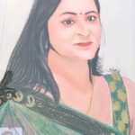 Traditional portrait of an Indian woman in green sari with red bindi, created using pencil and pastels