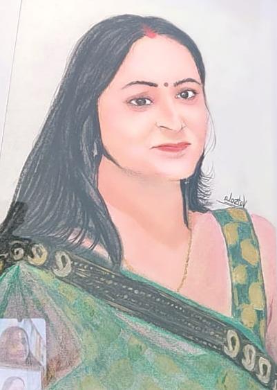Traditional portrait of an Indian woman in green sari with red bindi, created using pencil and pastels