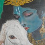 Pastel and colored pencil drawing of Lord Krishna with blue skin wearing ornate golden jewelry and crown, tenderly holding a white calf, signed by Vatsala