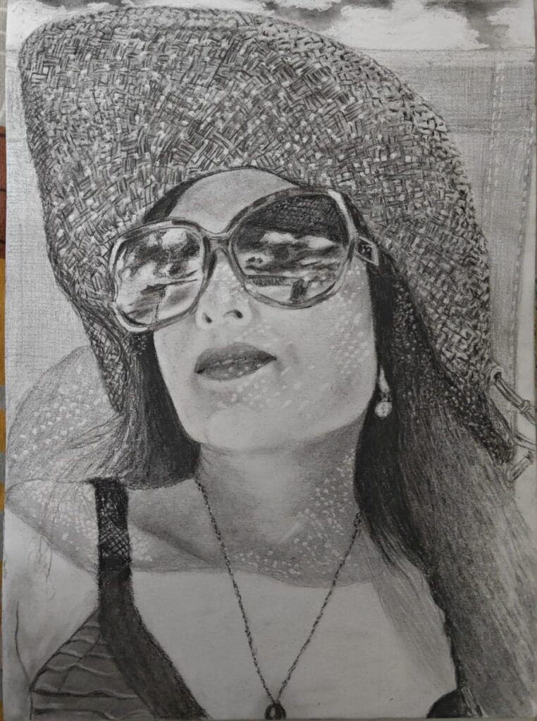 Charcoal portrait of woman wearing woven sun hat and sunglasses, realistic summer portrait fine art