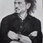 Black and white charcoal portrait of a man with long hair and mustache, arms crossed in confident pose, realistic fine art drawing