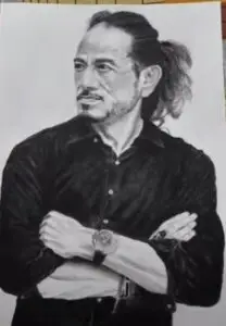 Black and white charcoal portrait of a man with long hair and mustache, arms crossed in confident pose, realistic fine art drawing