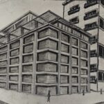 Detailed charcoal drawing showing multi-story building with perspective, architectural sketch art