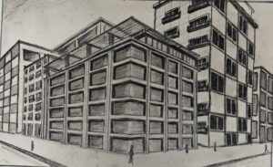 Detailed charcoal drawing showing multi-story building with perspective, architectural sketch art