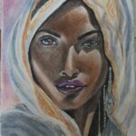 Mixed media portrait of an African woman wearing a colorful traditional headwrap with intricate patterns and jewelry