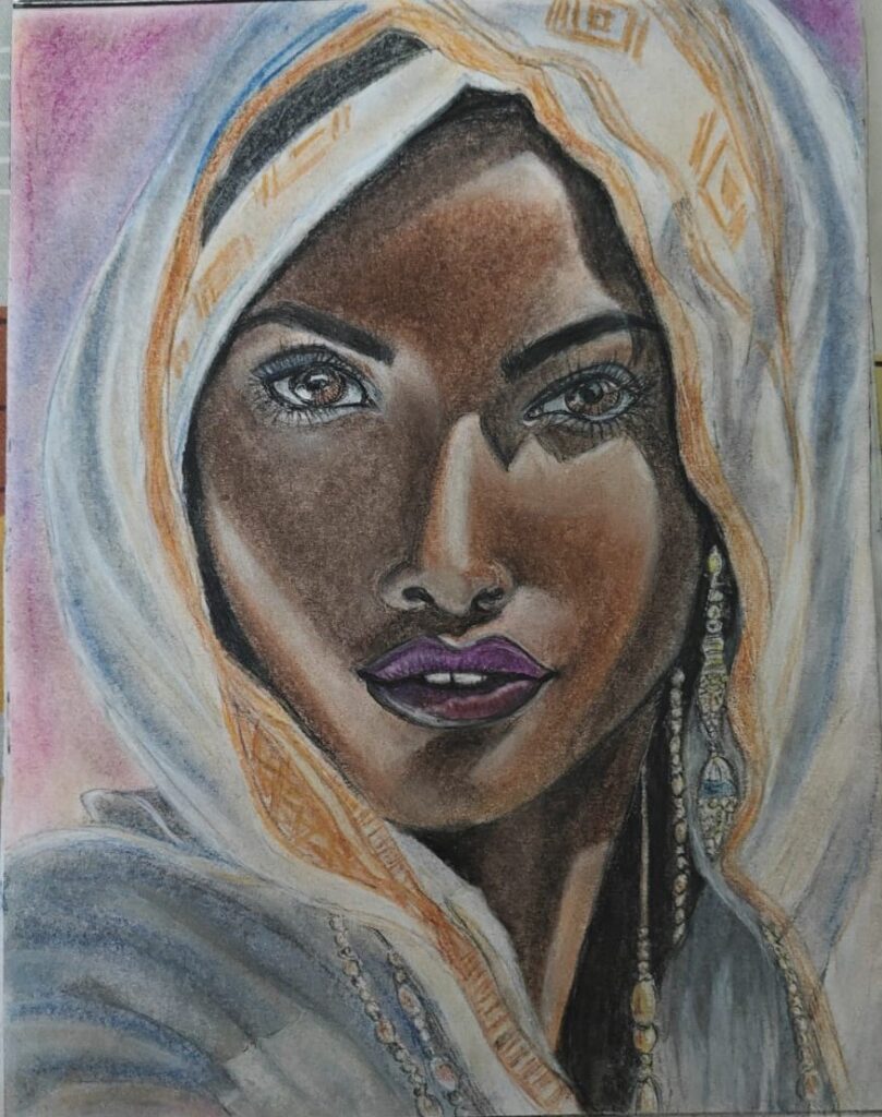 Mixed media portrait of an African woman wearing a colorful traditional headwrap with intricate patterns and jewelry