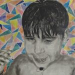 Mixed media artwork featuring charcoal portrait of young boy against vibrant geometric colored pencil background with triangular patterns in blue, yellow, pink and orange