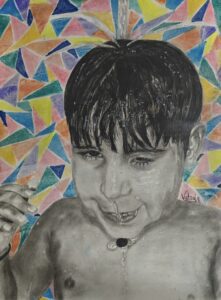 Mixed media artwork featuring charcoal portrait of young boy against vibrant geometric colored pencil background with triangular patterns in blue, yellow, pink and orange