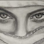 Detailed charcoal drawing of expressive eyes and eyebrows with fabric head covering, showcasing realistic shading and fine art technique