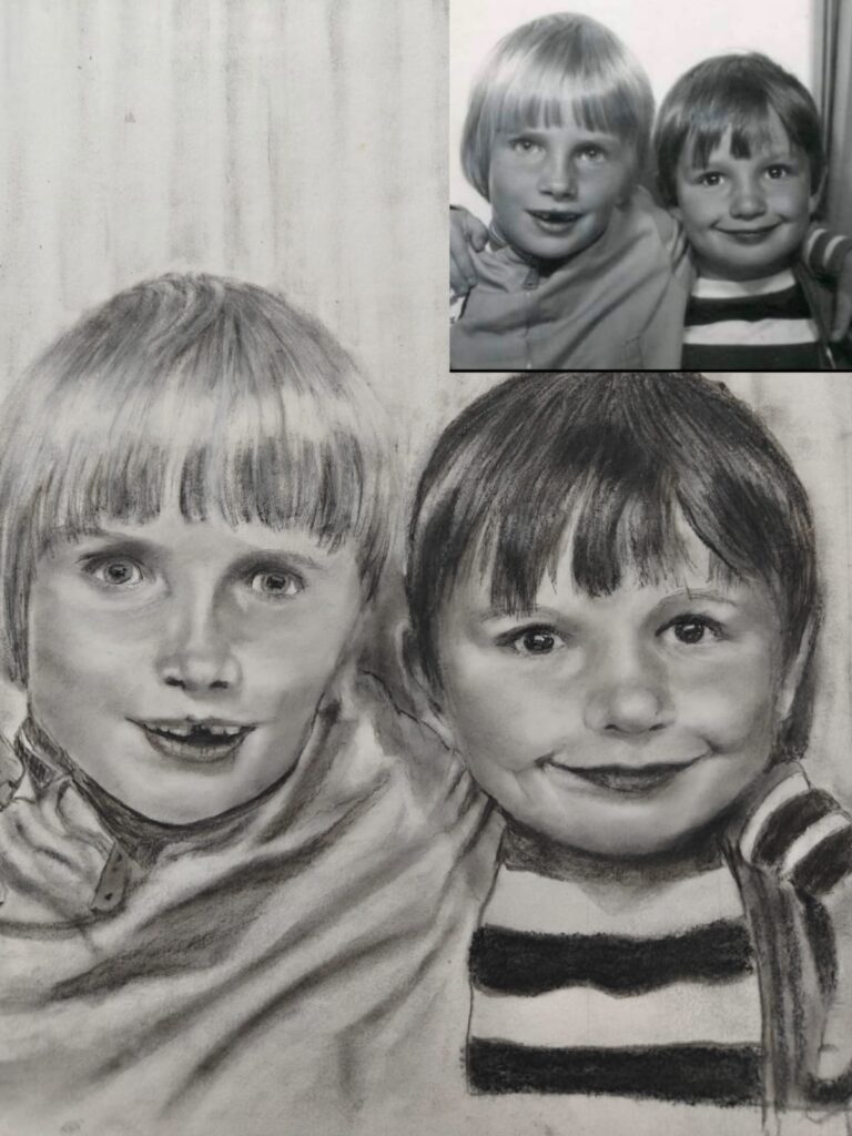 Charcoal portrait of two young brothers with innocent smiles, realistic children's portrait fine art