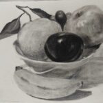 Detailed charcoal drawing of mixed fruit in ceramic bowl, realistic still life artwork showcasing light and shadow techniques