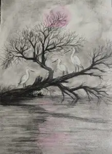 Serene mixed media landscape featuring white egrets on bare tree branches with pink cherry blossoms, charcoal drawing with pastel color accents and water reflections