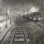 Charcoal drawing of train station with locomotive and railway tracks, dramatic perspective artwork