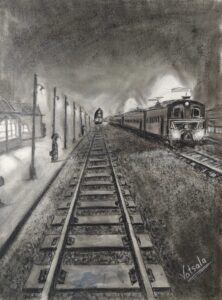 Charcoal drawing of train station with locomotive and railway tracks, dramatic perspective artwork