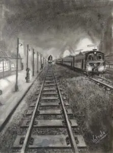 Charcoal drawing of train station with locomotive and railway tracks, dramatic perspective artwork