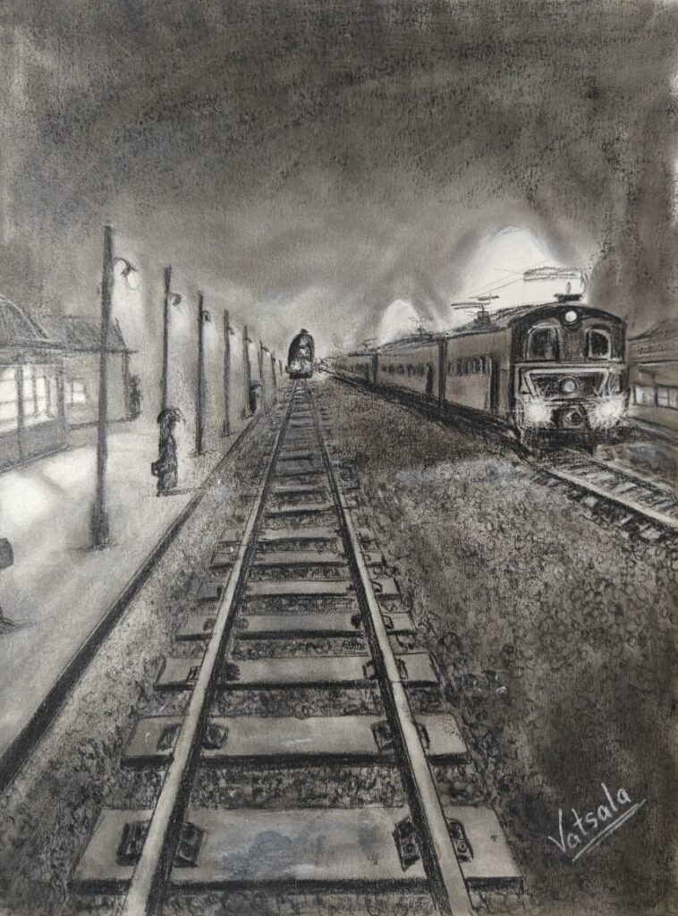 Charcoal drawing of train station with locomotive and railway tracks, dramatic perspective artwork