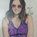 Realistic colored pencil portrait of woman with pink sunglasses and purple top, detailed portrait drawing