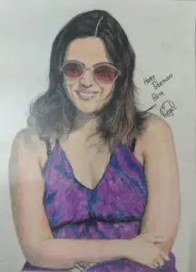 Realistic colored pencil portrait of woman with pink sunglasses and purple top, detailed portrait drawing