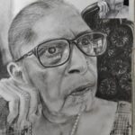Black and white charcoal portrait drawing of an elderly woman wearing glasses with a contemplative expression, showcasing realistic fine art technique