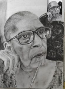 Black and white charcoal portrait drawing of an elderly woman wearing glasses with a contemplative expression, showcasing realistic fine art technique