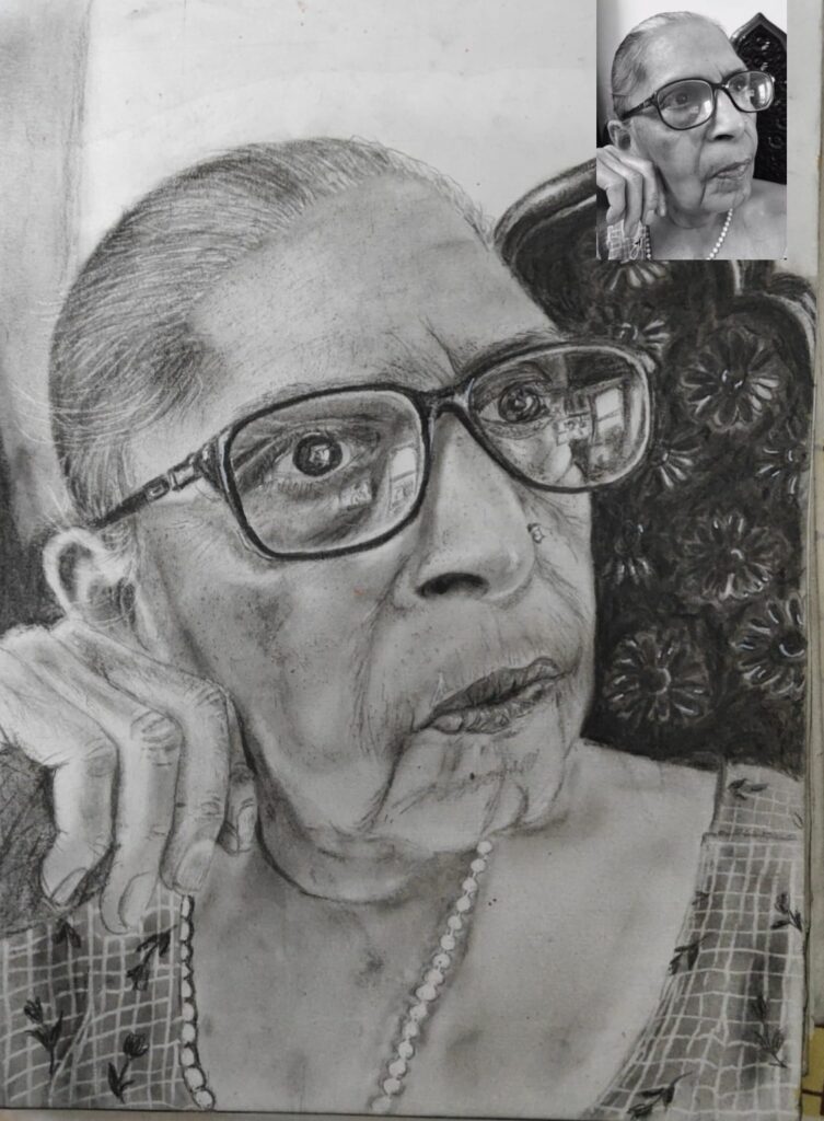 Black and white charcoal portrait drawing of an elderly woman wearing glasses with a contemplative expression, showcasing realistic fine art technique